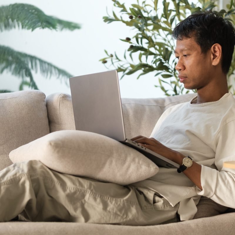 Smiling millennial man using laptop while sitting on comfortable sofa at home.